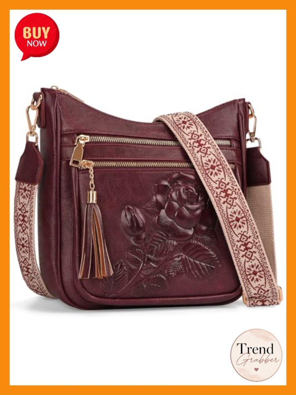 Vegan Leather Crossbody Bag Embossed Rose Floral Purse Multi-Pocket